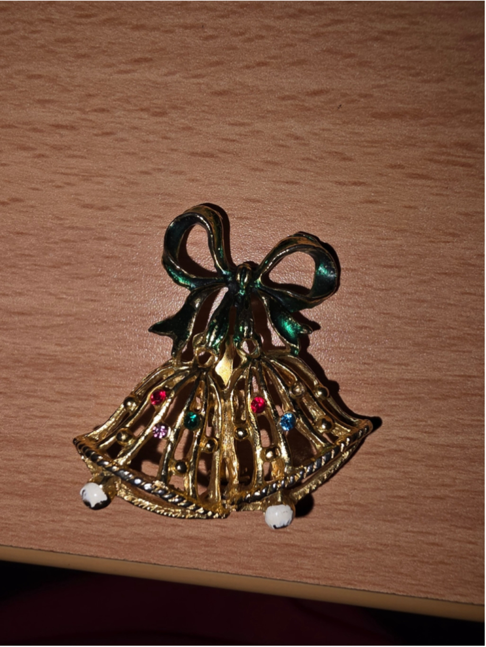 Vintage Christmas Double Bells Brooch Green Bow Multicolor Rhinestones Gold Tone